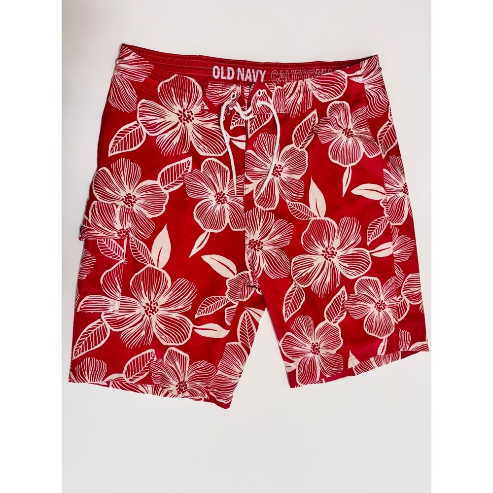 Old Navy Mens Cargo Board Shorts Flex Swim Trunk Red‎ Floral Size 32